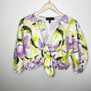 Eloquii Floral Puff Sleeve Tie Front Crop Top Resortwear Womens 14 Purple Yellow